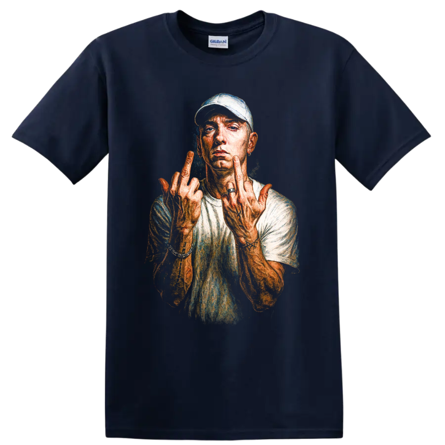 Eminem Slim Shady portrait illustration with raised middle fingers on a Navy (Blue) T Shirt