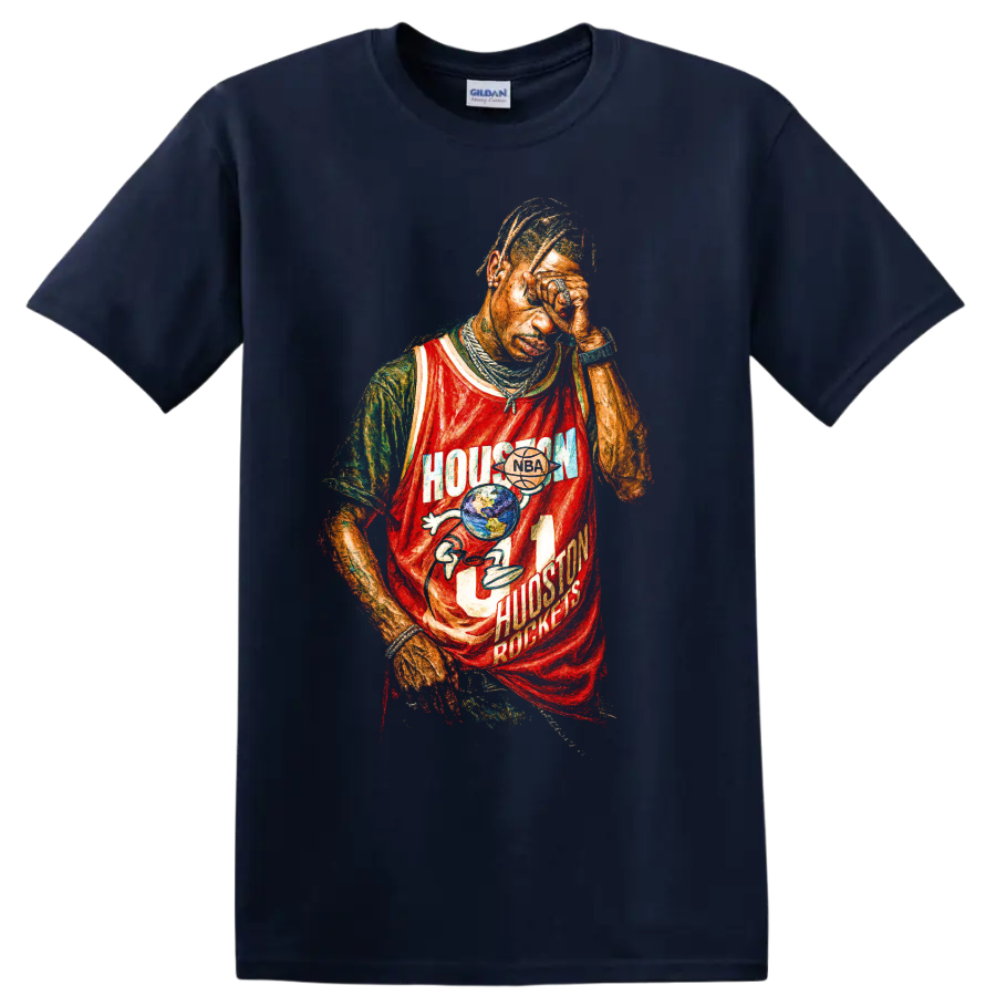 Travis Scott Houston Rockets distressed basketball jersey graphic on a Navy (Blue) T Shirt
