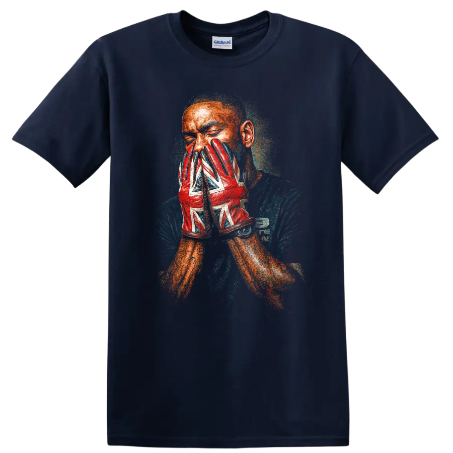 Skepta grime portrait with red patterned gloves, textured album cover style on a Navy (Blue) T Shirt
