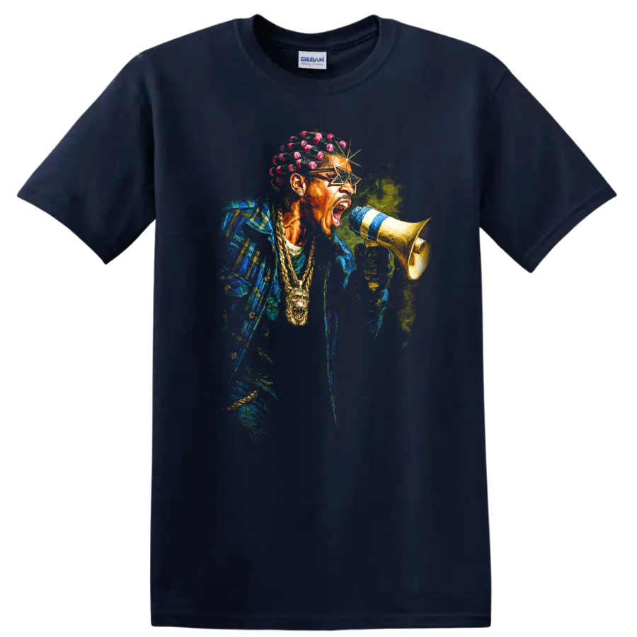 Playboi Carti colorful digital hip-hop portrait holding a megaphone on a Navy (Blue) T Shirt