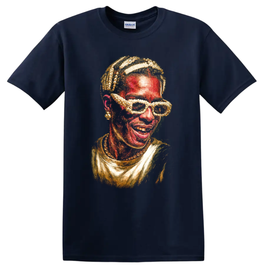 A$AP Ferg stylized hip-hop portrait artwork with textured red and gold details on a Navy (Blue) T Shirt