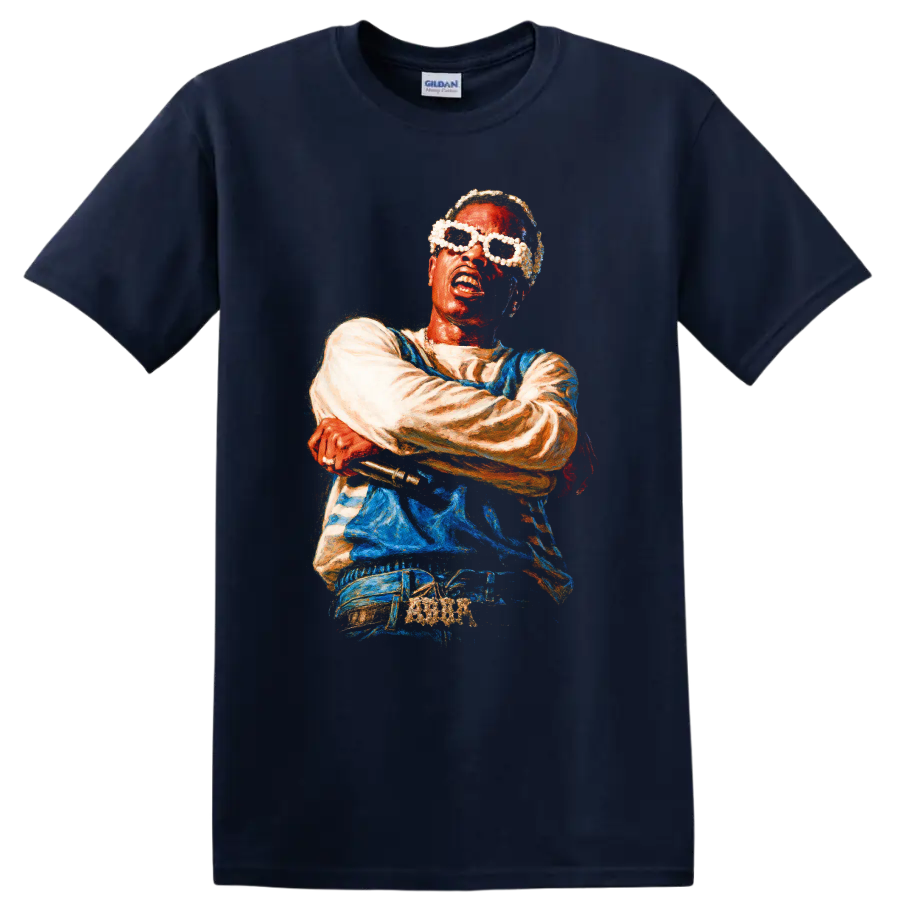 A$AP Ferg stylized hip-hop portrait artwork with sunglasses on a Navy (Blue) T Shirt