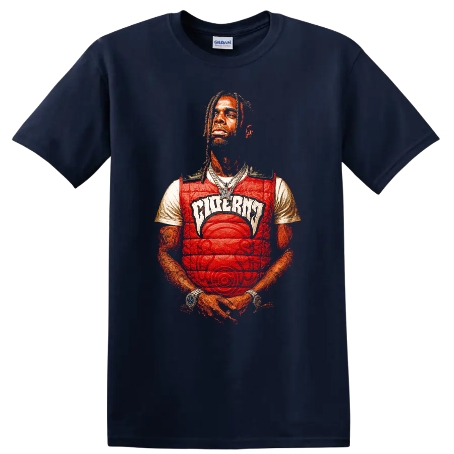 Travis Scott stylized red-toned hip-hop portrait graphic on a Navy (Blue) T Shirt