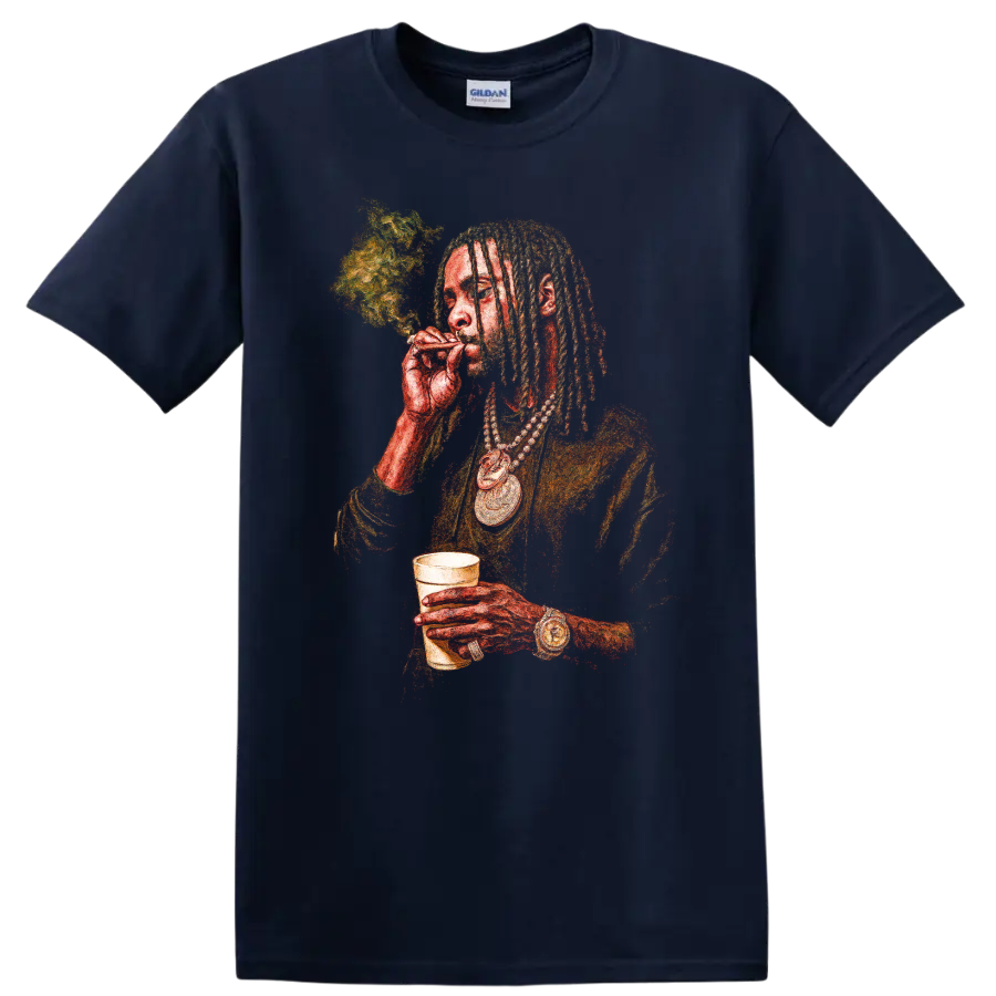 Young Thug trap artist portrait graphic with dreadlocks and gold chains on a Navy (Blue) T Shirt