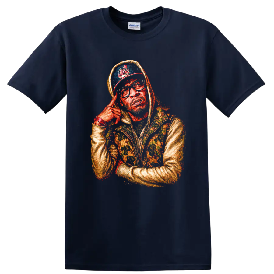 Roc Marciano hooded portrait with tinted glasses, colorful illustrated style on a Navy (Blue) T Shirt
