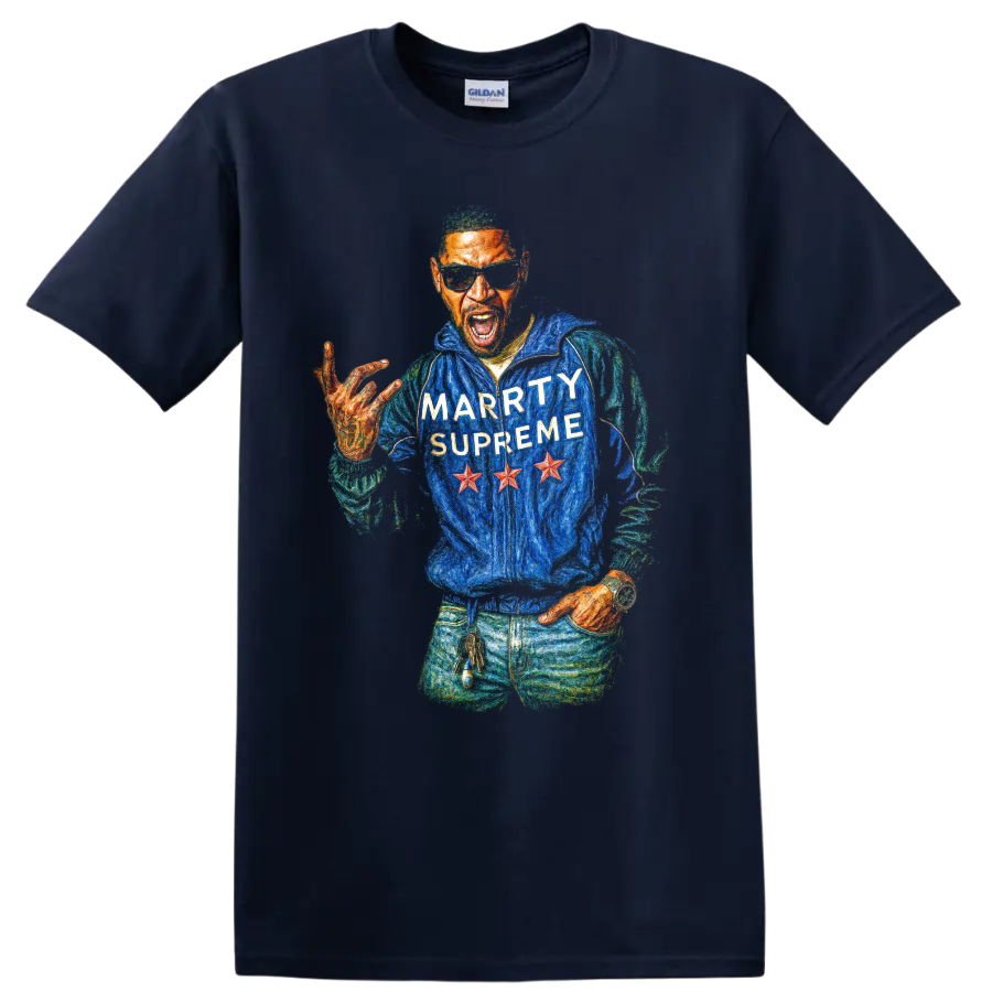 Kid Cudi Marty Supreme colorful hip-hop portrait graphic on a Navy (Blue) T Shirt