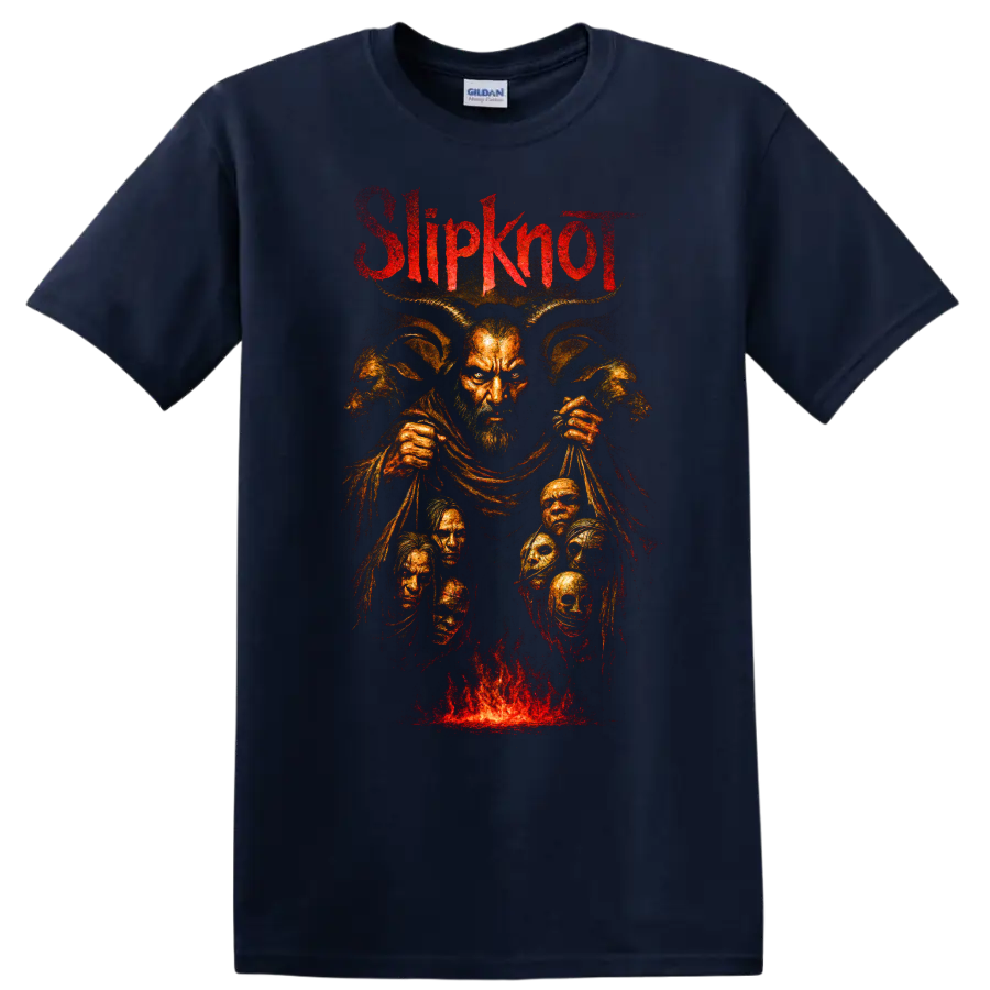 Slipknot Spit It Out dark metal graphic with horned figure and flames on a Navy (Blue) T Shirt