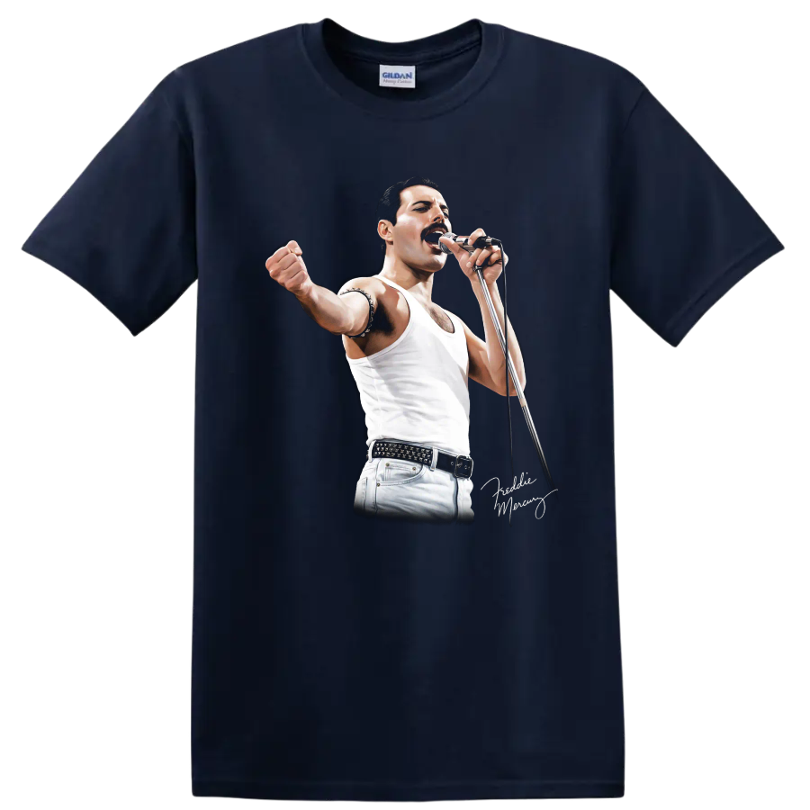 Freddie Mercury singing into a microphone in a dramatic rock performance graphic on a Navy (Blue) T Shirt