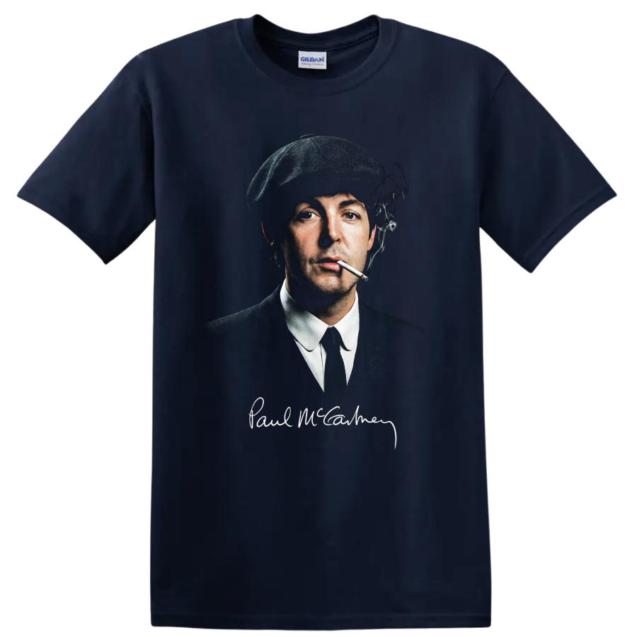 Paul McCartney smoking portrait in vintage rock style on a Navy (Blue) T Shirt