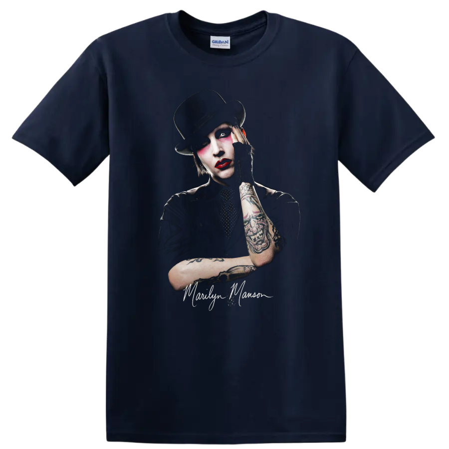 Marilyn Manson theatrical rock portrait with top hat and dramatic makeup on a Navy (Blue) T Shirt
