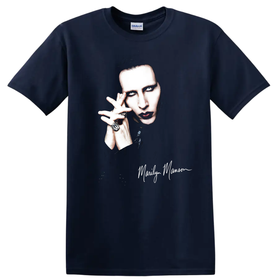 Marilyn Manson gothic rock portrait fan art graphic print on a Navy (Blue) T Shirt