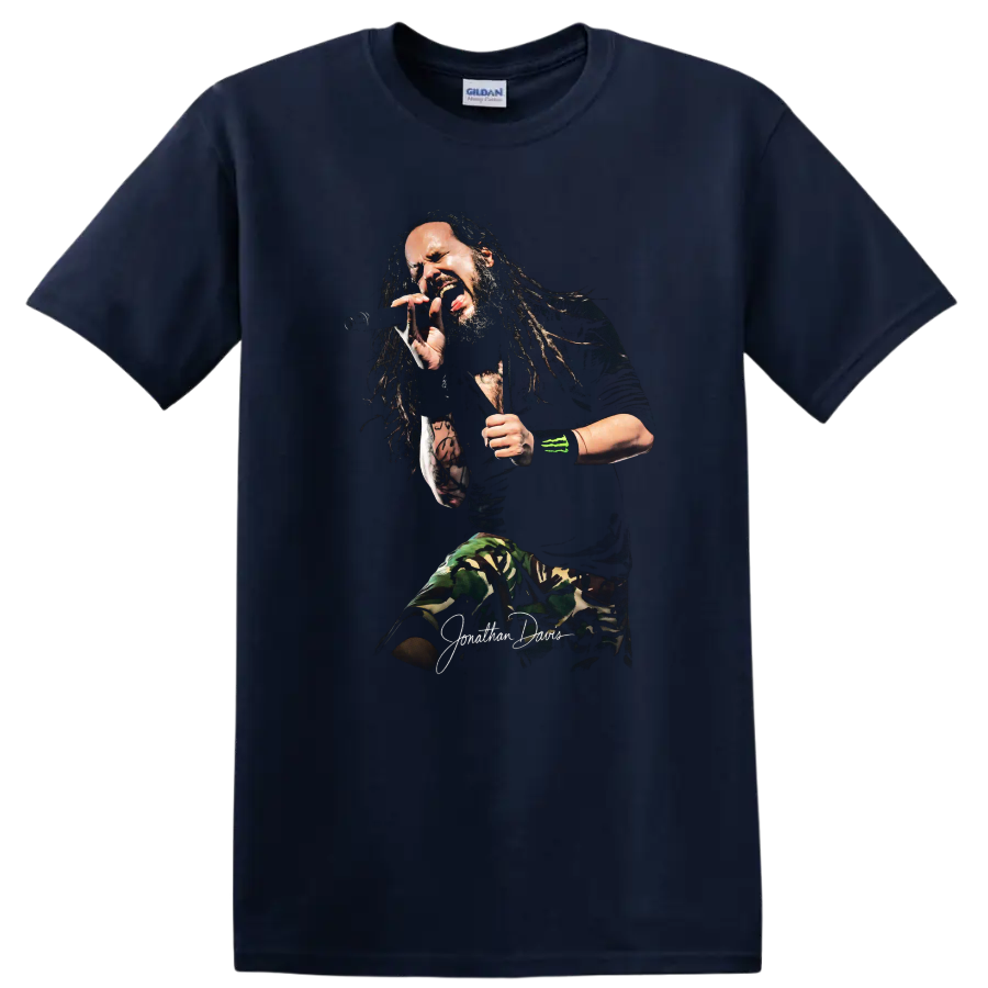 Jonathan Davis of Korn performing with a microphone in a dramatic sketch style on a Navy (Blue) T Shirt