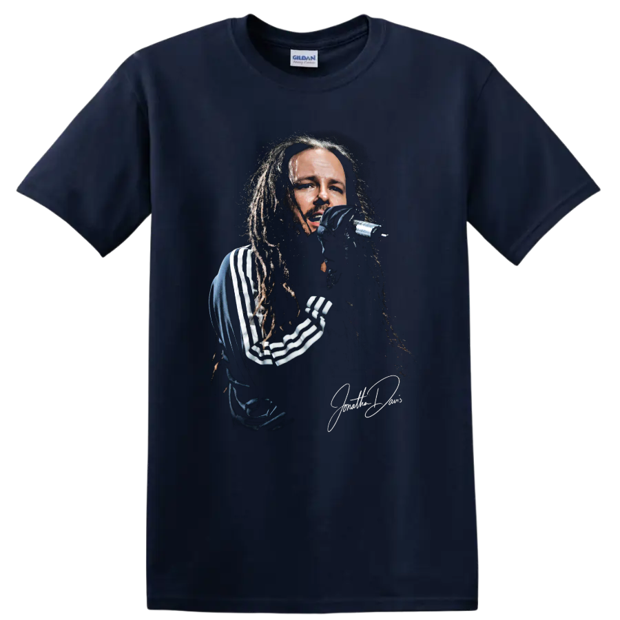 Jonathan Davis of Korn performing with a microphone in gritty portrait artwork on a Navy (Blue) T Shirt