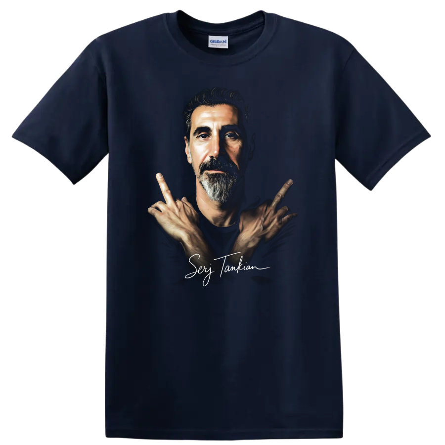 Serj Tankian portrait with crossed hands, dramatic alternative metal art on a Navy (Blue) T Shirt