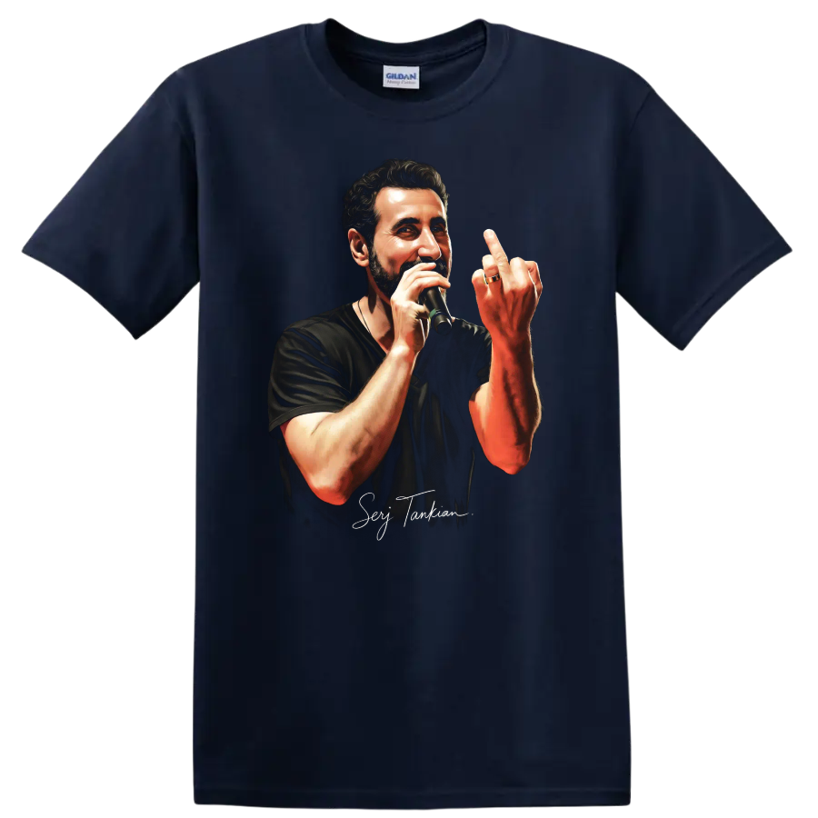 Serj Tankian pop-art portrait performing with a microphone on a Navy (Blue) T Shirt