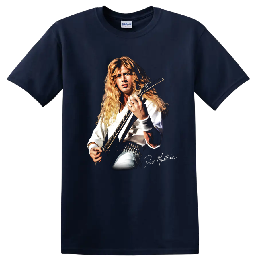 Dave Mustaine Megadeth thrash metal guitarist portrait with electric guitar on a Navy (Blue) T Shirt