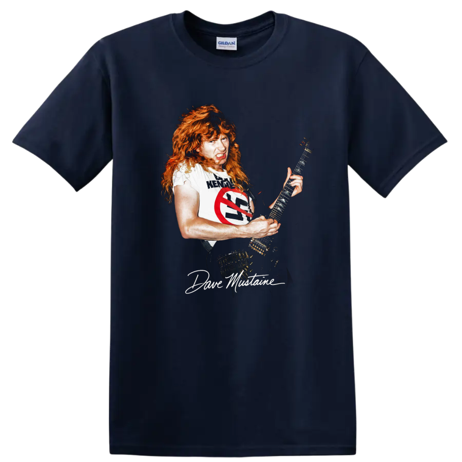 Dave Mustaine playing guitar in a bold thrash metal graphic on a Navy (Blue) T Shirt