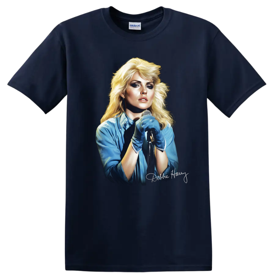 Debbie Harry Blondie singer portrait with microphone and signature on a Navy (Blue) T Shirt