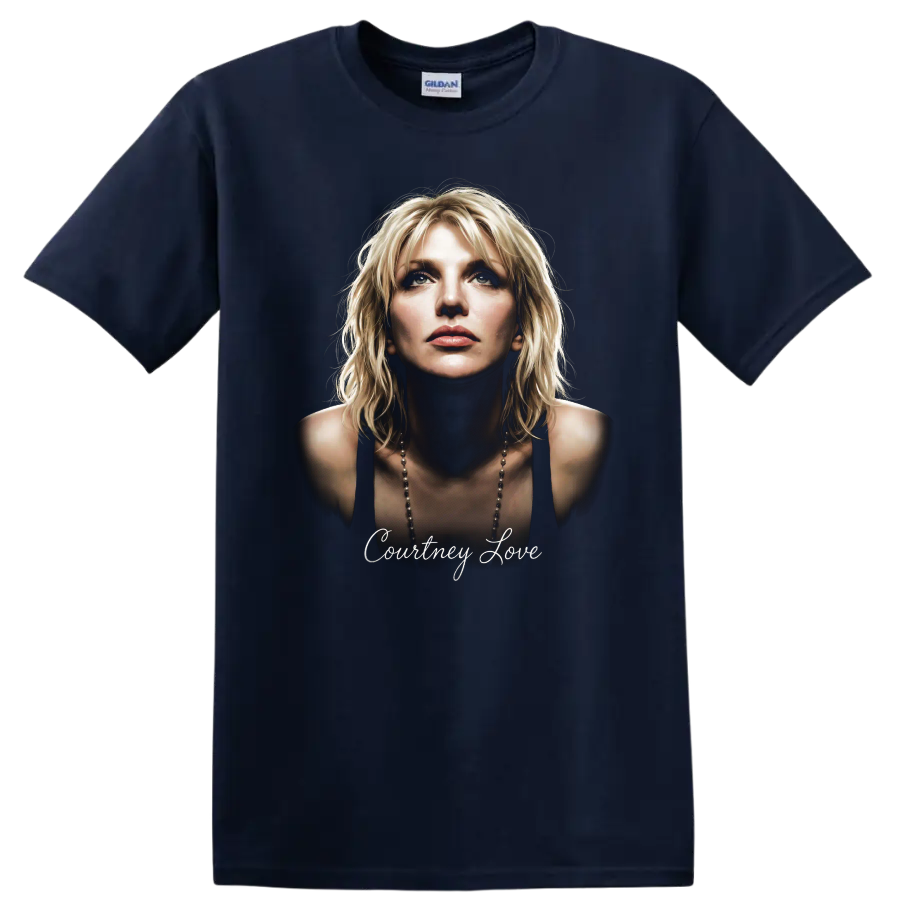 Courtney Love portrait with script text in a moody alternative rock design on a Navy (Blue) T Shirt