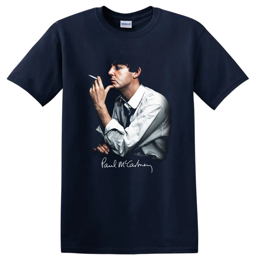 Paul McCartney portrait graphic with signature and cigarette on a Navy (Blue) T Shirt