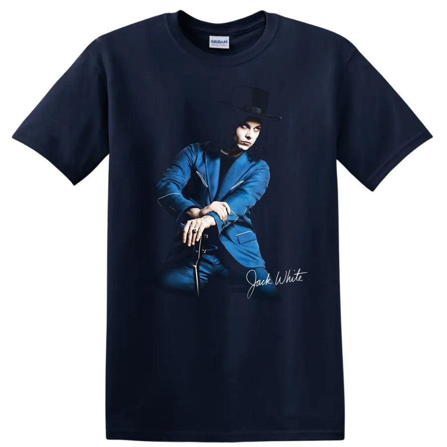 Jack White illustrated portrait in blue suit and wide-brim hat on a Navy (Blue) T Shirt