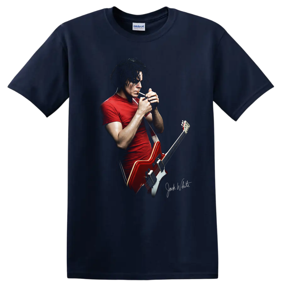 Jack White performing with a red guitar graphic print on a Navy (Blue) T Shirt