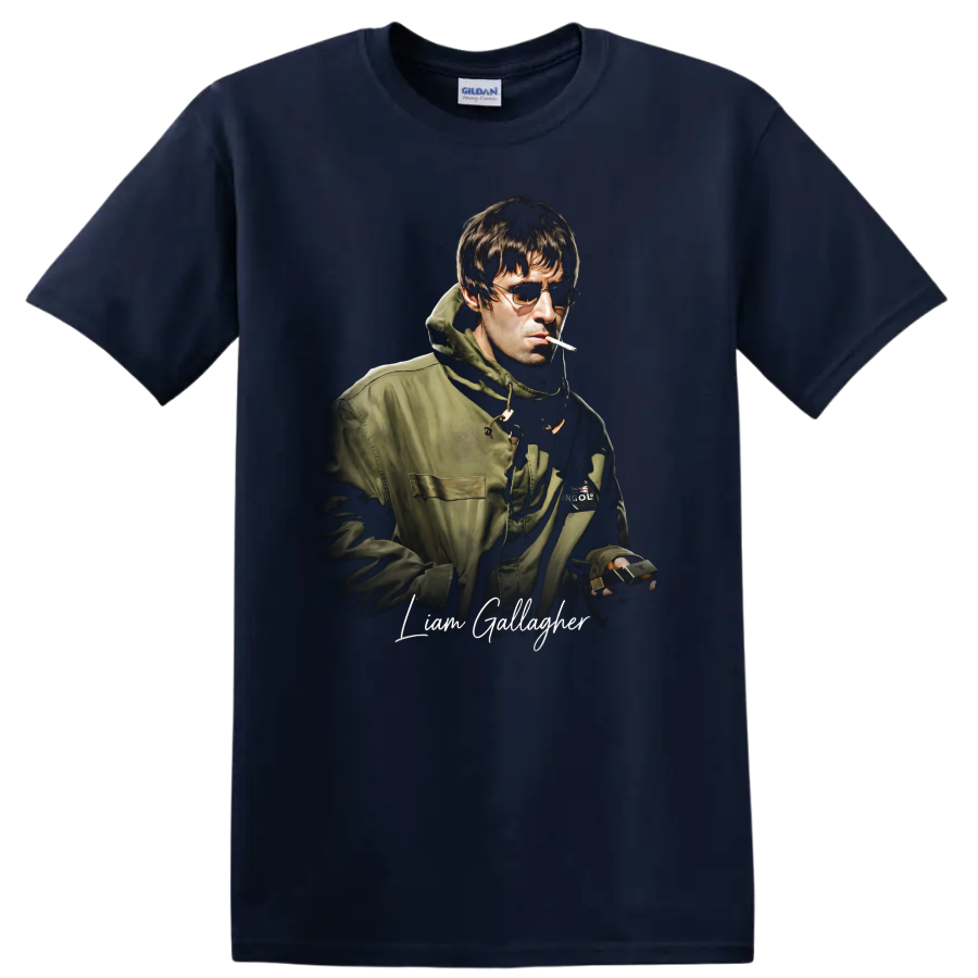 Liam Gallagher Oasis Britpop portrait with sunglasses and script lettering on a Navy (Blue) T Shirt