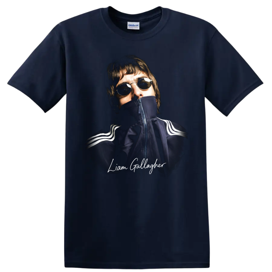 Liam Gallagher portrait with sunglasses and handwritten name graphic on a Navy (Blue) T Shirt