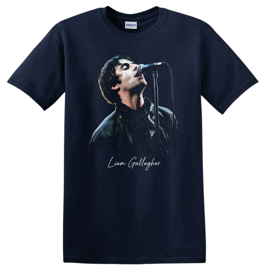 Liam Gallagher performing at a microphone in a high-contrast portrait graphic on a Navy (Blue) T Shirt