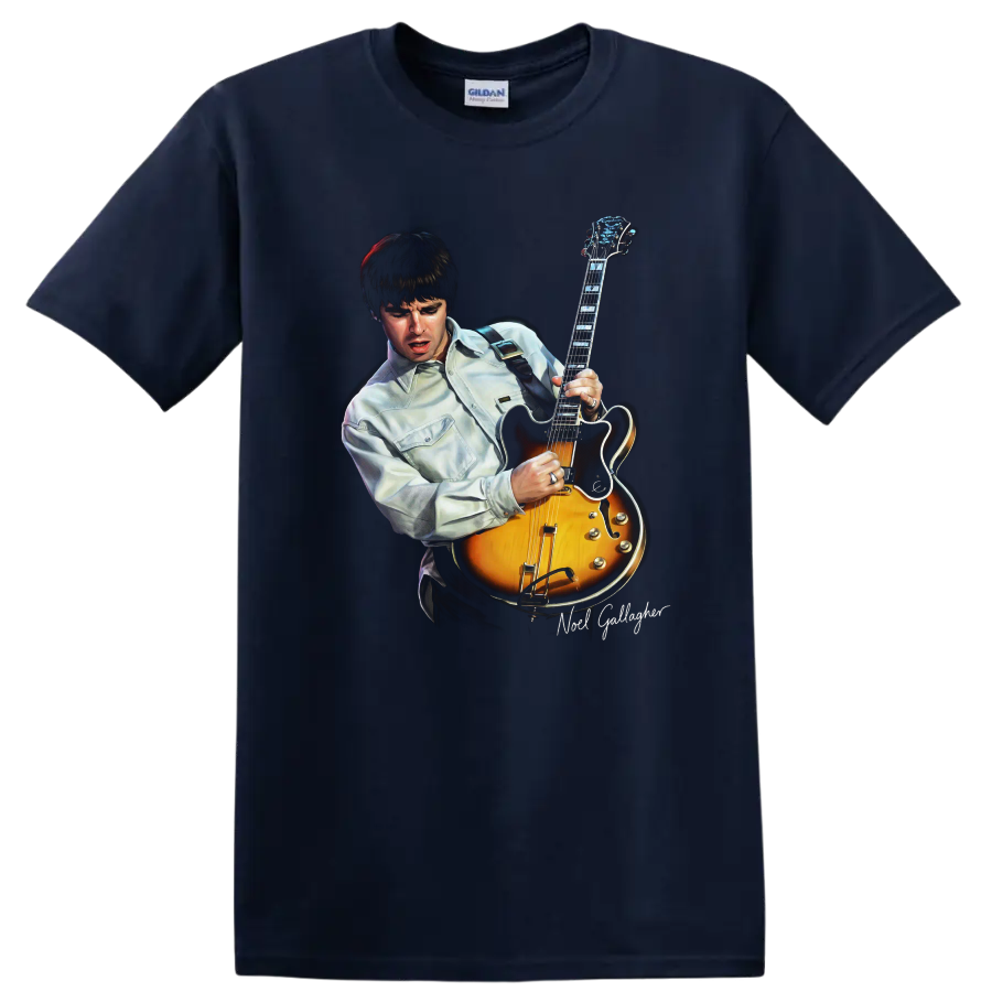 Noel Gallagher playing a sunburst Epiphone Riviera guitar graphic on a Navy (Blue) T Shirt