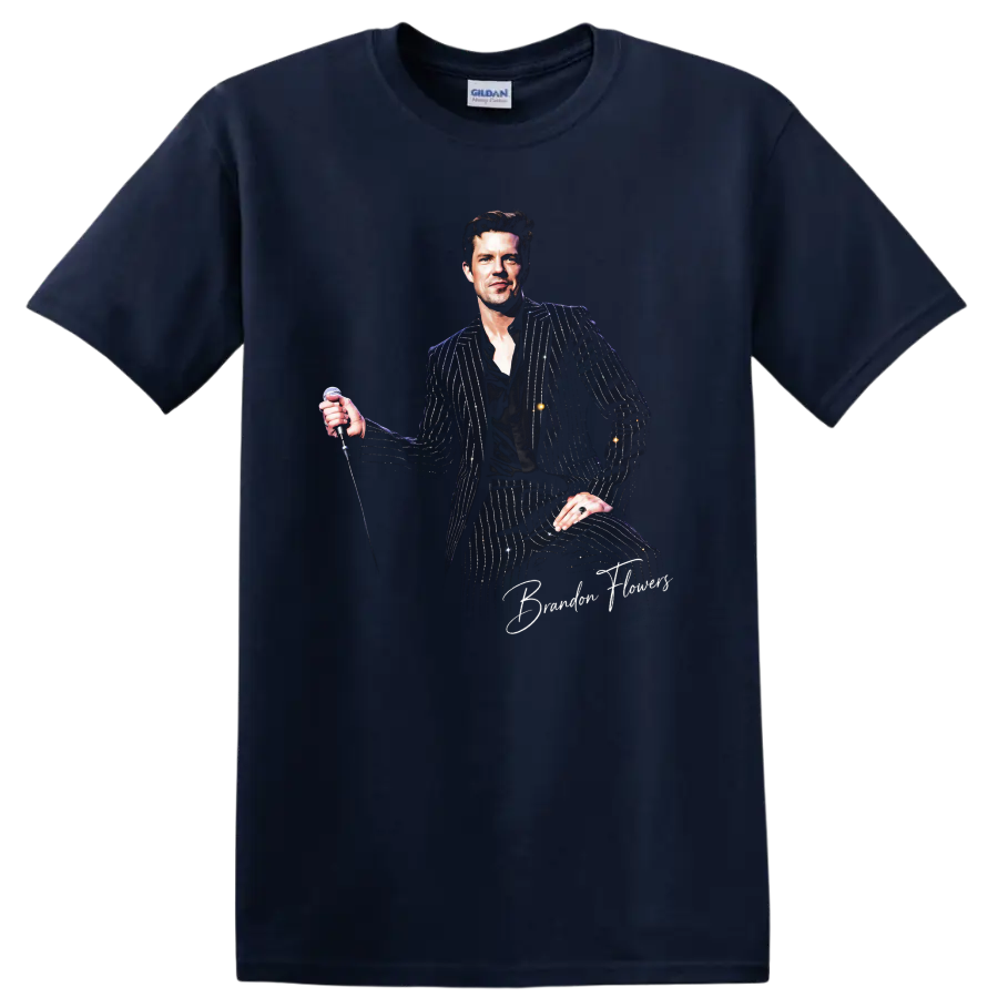Brandon Flowers of The Killers illustrated portrait holding a microphone on a Navy (Blue) T Shirt
