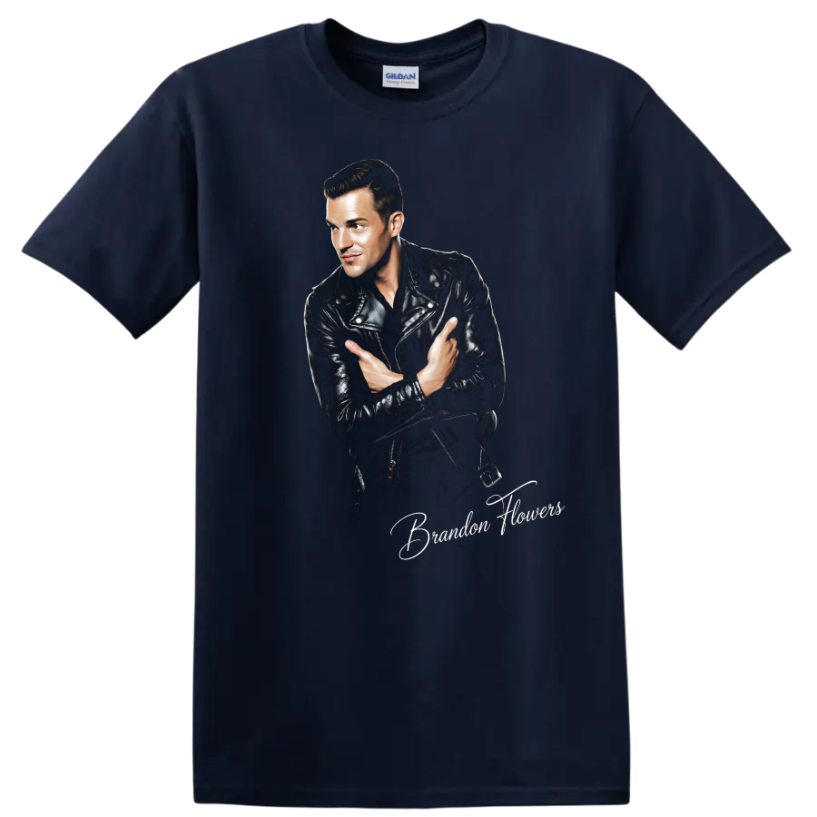 Brandon Flowers portrait in leather jacket, rock music graphic on a Navy (Blue) T Shirt