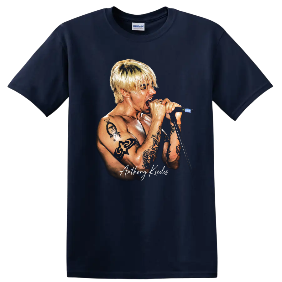 Anthony Kiedis performing into a microphone, detailed rock music portrait on a Navy (Blue) T Shirt