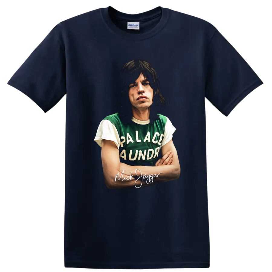Mick Jagger Palace Laundry portrait graphic with handwritten name on a Navy (Blue) T Shirt
