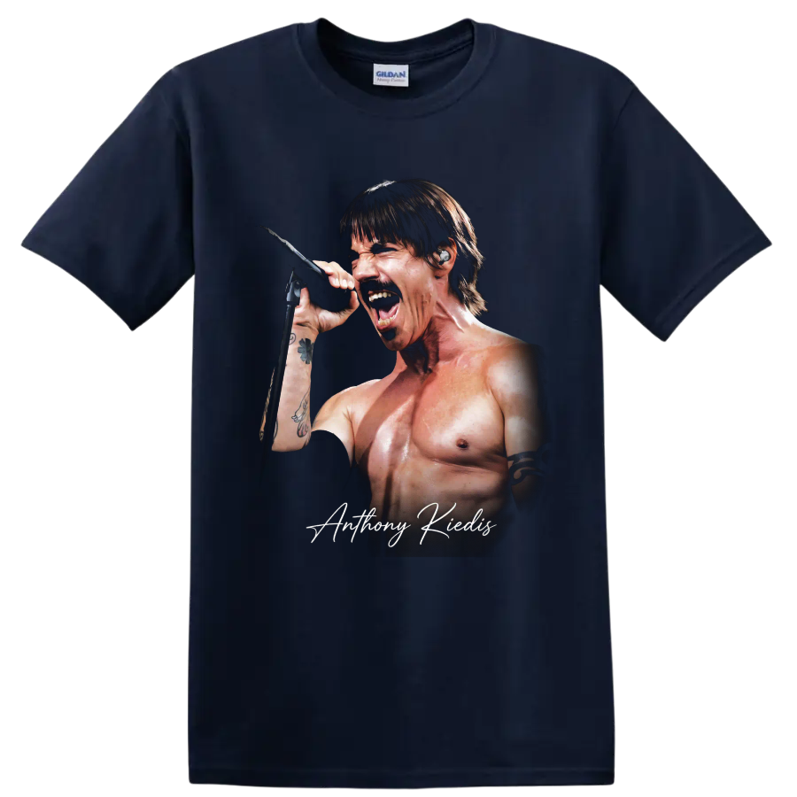 Anthony Kiedis singing into a microphone, rock portrait graphic on a Navy (Blue) T Shirt