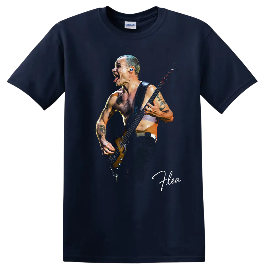 Flea playing bass in a dynamic Red Hot Chili Peppers graphic on a Navy (Blue) T Shirt