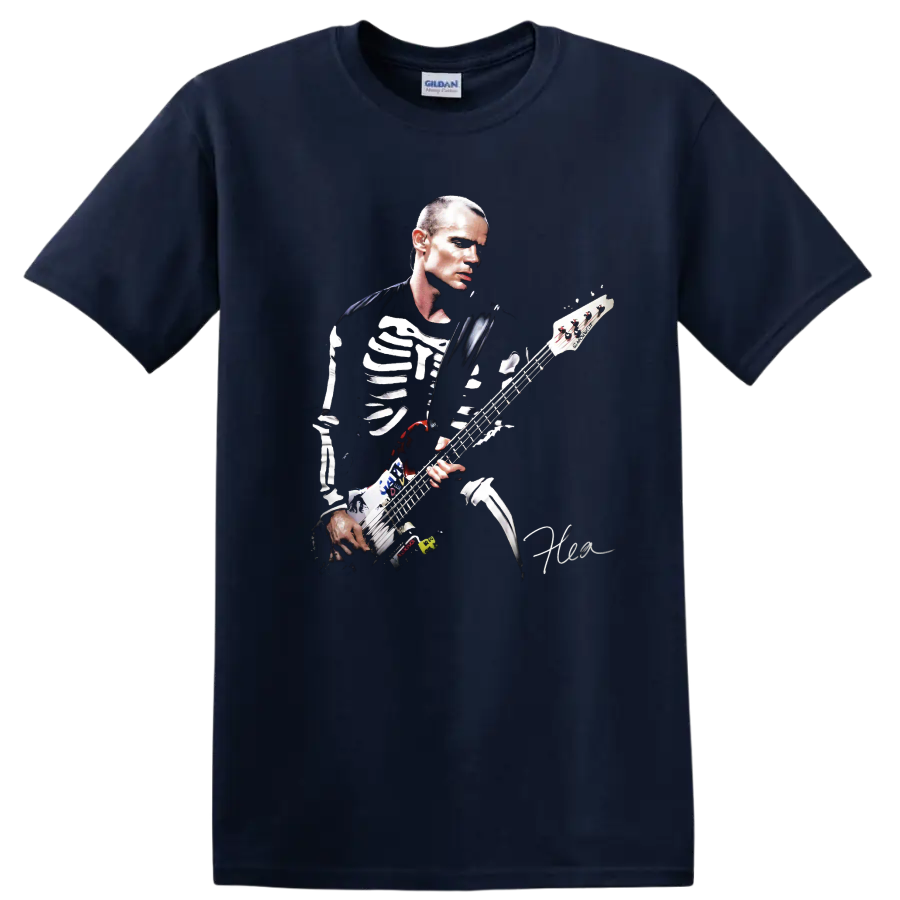 Flea playing bass in a dramatic Red Hot Chili Peppers poster design on a Navy (Blue) T Shirt