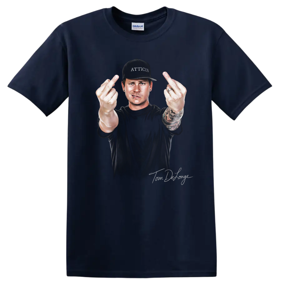 Tom DeLonge Blink-182 pop-punk portrait with rebellious hand gesture on a Navy (Blue) T Shirt