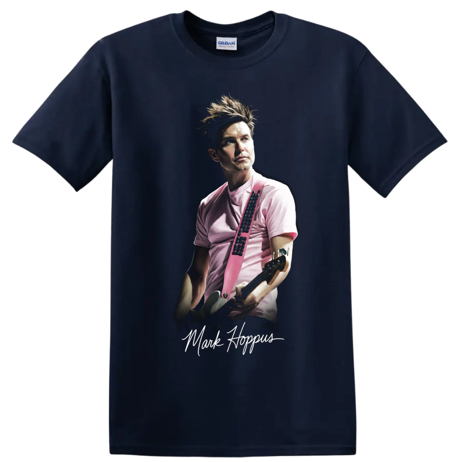 Mark Hoppus blink-182 pop-punk portrait holding a guitar on a Navy (Blue) T Shirt