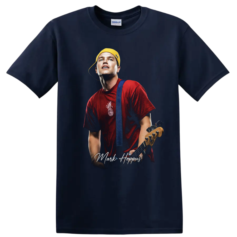 Mark Hoppus Blink-182 pop-punk portrait with bass guitar on a Navy (Blue) T Shirt