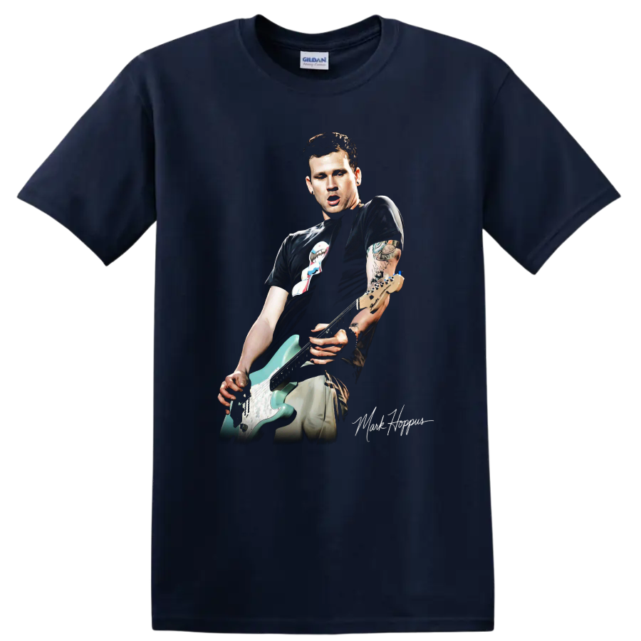 Mark Hoppus of Blink-182 playing an electric guitar in pop-punk graphic art on a Navy (Blue) T Shirt