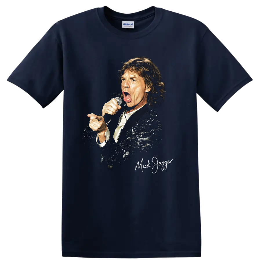 Mick Jagger The Rolling Stones performance portrait graphic print on a Navy (Blue) T Shirt