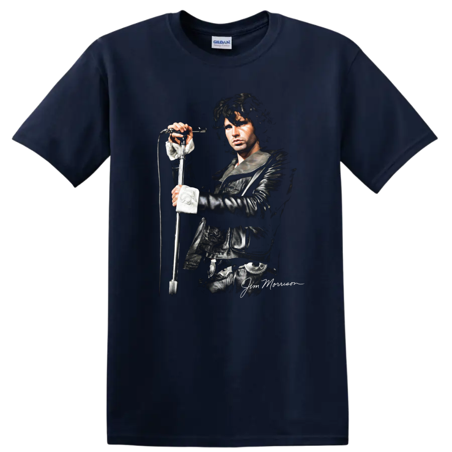 Jim Morrison of The Doors black and white rock portrait with microphone on a Navy (Blue) T Shirt
