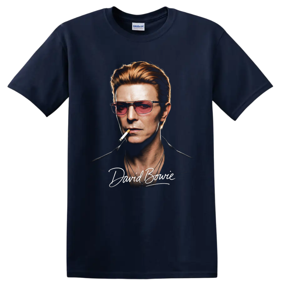 David Bowie portrait graphic with sunglasses, cigarette, and signature text on a Navy (Blue) T Shirt