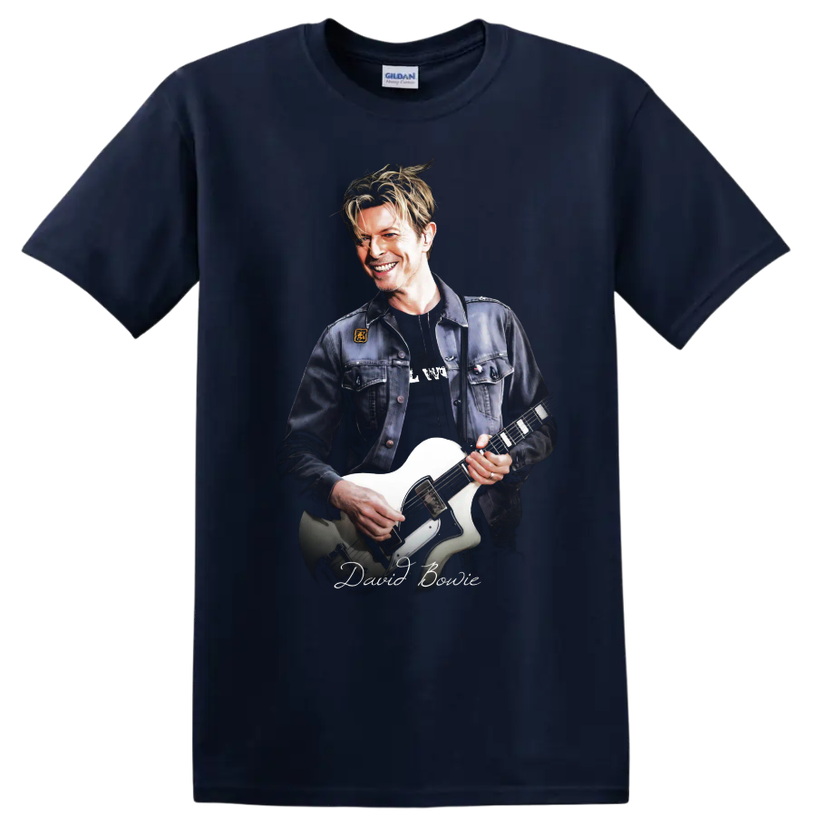 David Bowie portrait playing a white electric guitar graphic print on a Navy (Blue) T Shirt