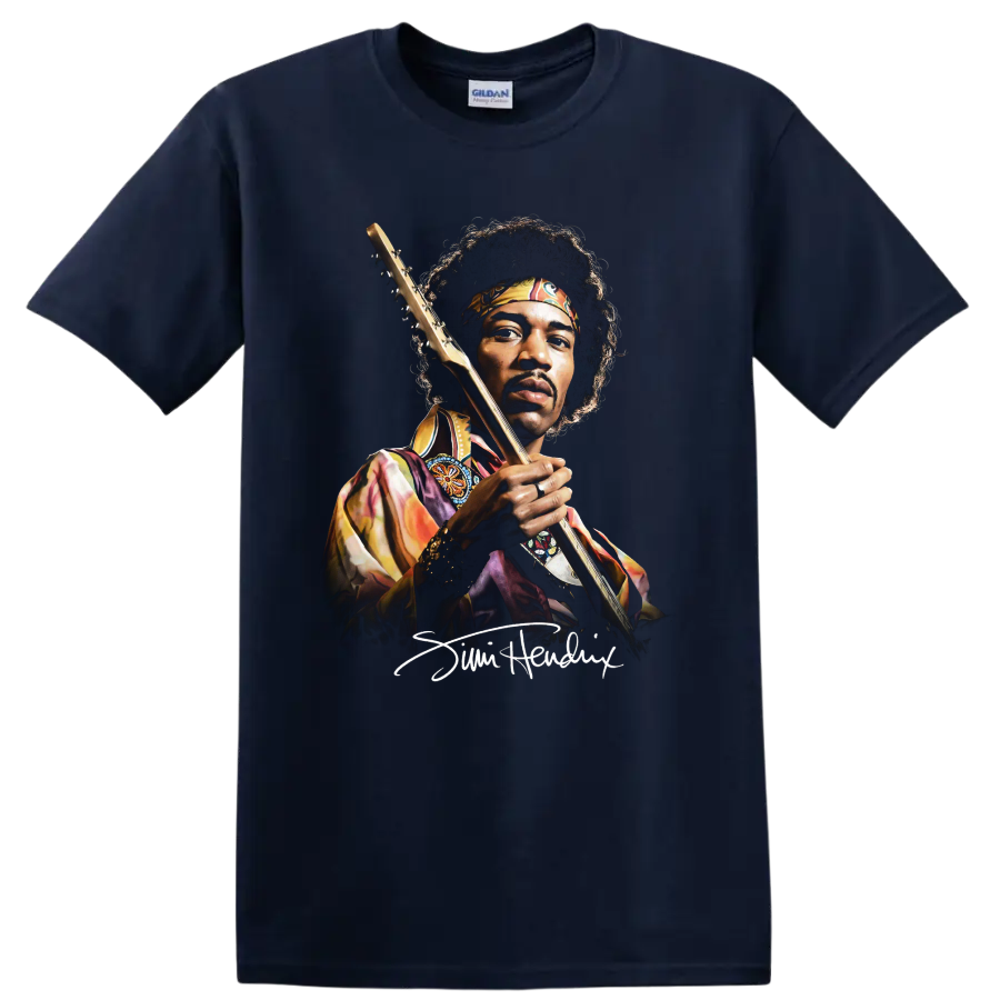 Jimi Hendrix watercolor portrait holding a guitar on a Navy (Blue) T Shirt