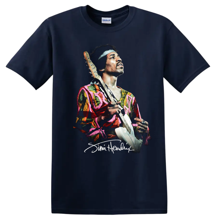 Jimi Hendrix psychedelic portrait holding an electric guitar on a Navy (Blue) T Shirt