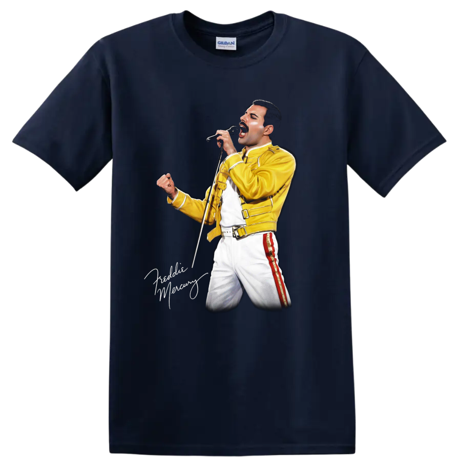 Freddie Mercury performing in yellow 1986 Magic Tour outfit graphic on a Navy (Blue) T Shirt