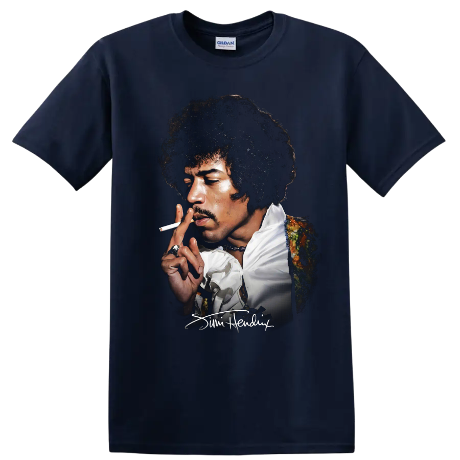 Jimi Hendrix psychedelic rock portrait with signature on a Navy (Blue) T Shirt