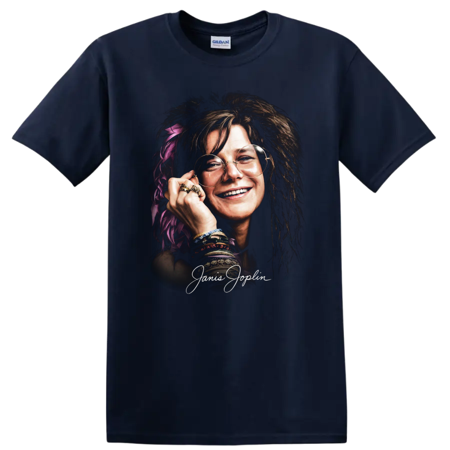 Janis Joplin psychedelic soul portrait graphic print on a Navy (Blue) T Shirt